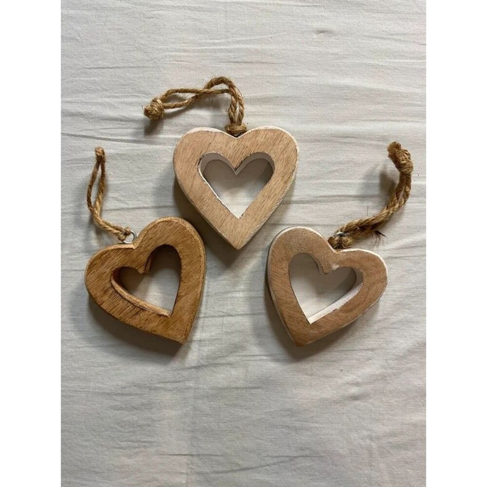 Rustic Wooden Cutout Heart Ornaments Jute Hanger Farmhouse Decor Set of 3